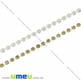 Стразовая цепь SS6 (2,0 мм), Светлое серебро, Стразы стеклянные золотистые, 1 м (ZEP-020470)