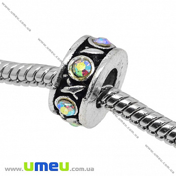 [Архів] Намистина PANDORA мет. зі стразами, 11х5 мм, Біла АВ, Античне срібло (BUS-004561)