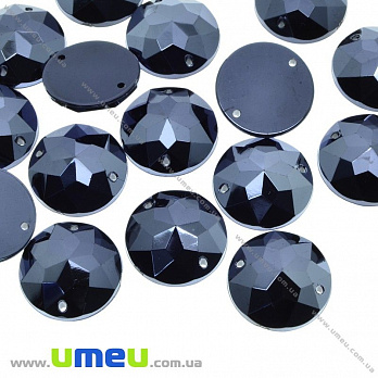 Пришивний кристал пласт. Круглий гранований, 15 мм, Чорний (мокрий асфальт) (KAB-030580)