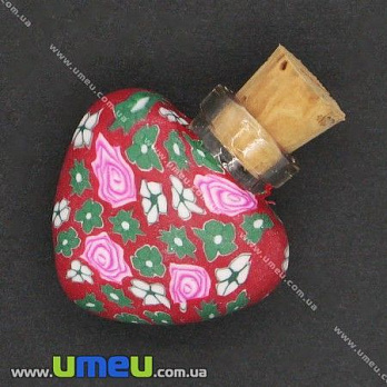 Стеклянная баночка с полимерной глиной Сердце, Красная, 24х22 мм, 1 шт (DIF-006771)